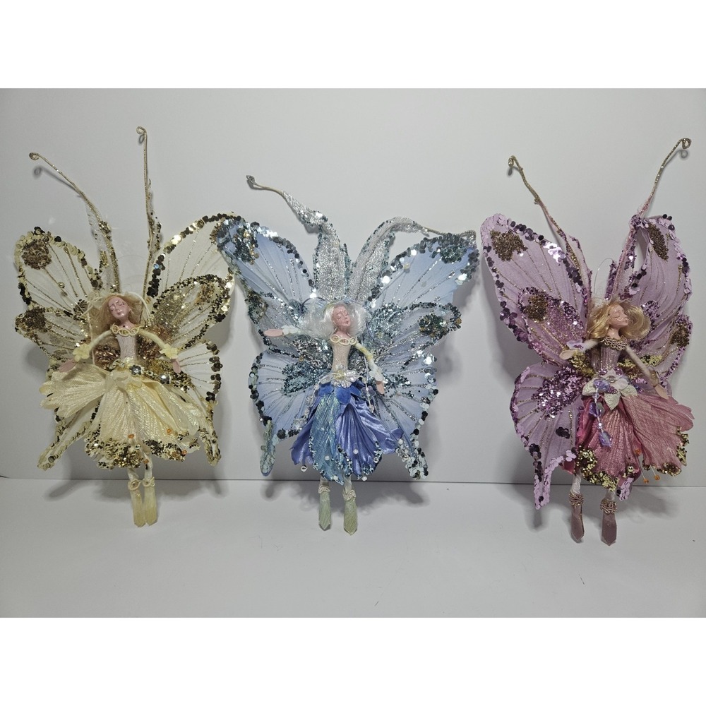 Lot 3 Vintage Christmas Fantasy Butterfly Fairy Ornament Pastel Glitter Pixie 9"